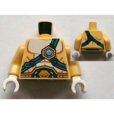 tan torso bare chest with body lines dark blue and gold belt and straps and dark azure round jewel chi pattern tan arms white hands