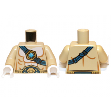 tan torso bare chest with body lines dark blue and gold belt and strap and dark azure round jewel chi pattern tan arms white hands