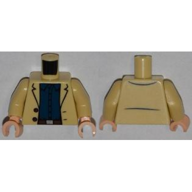 tan torso jacket with 2 buttons dark blue shirt and belt pattern tan arms light nougat hands