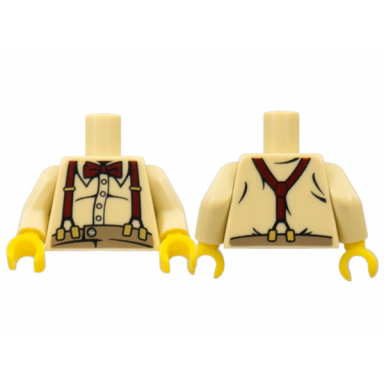 tan torso button shirt over fat stomach with dark red bow tie and suspenders pattern tan arms yellow hands
