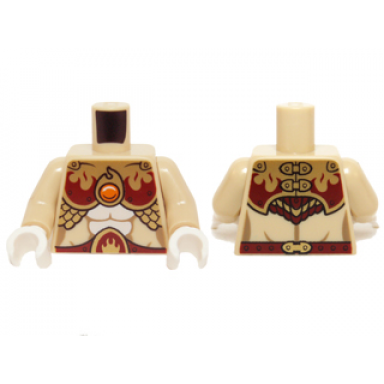 tan torso female with dark red and gold armor with scales and orange round jewel fire chi pattern tan arms white hands