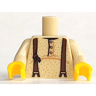 tan torso shirt with 3 buttons and brown suspenders pattern tan arms yellow hands