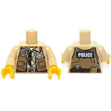 tan torso police shirt dark tan vest with pockets radio badge sunglasses brown belt and police pattern on back tan arms yellow hands