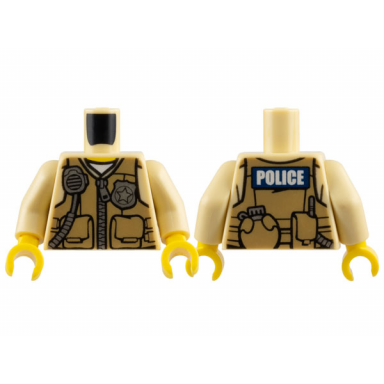 tan torso police shirt with dark tan vest with pockets silver radio and badge zipper and police pattern on back tan arms yellow hands