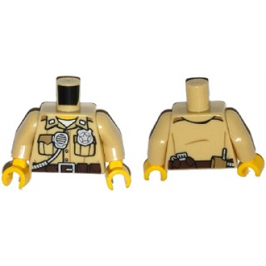tan torso police shirt with pockets silver radio and badge brown belt with canteen and phone pattern tan arms yellow hands
