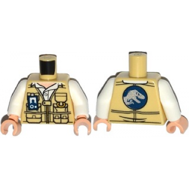 tan torso vest with zipper pockets and id badge jurassic world logo on reverse pattern white arms light nougat hands