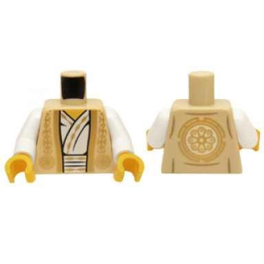 tan torso ninjago vest with gold trim over white robe and gold flower symbol on back pattern white arms yellow hands