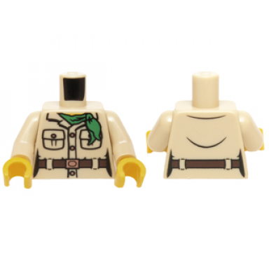 tan torso ninjago female jacket safari two pockets dark brown belt copper buttons and buckle and green bandana pattern tan arms yellow hands