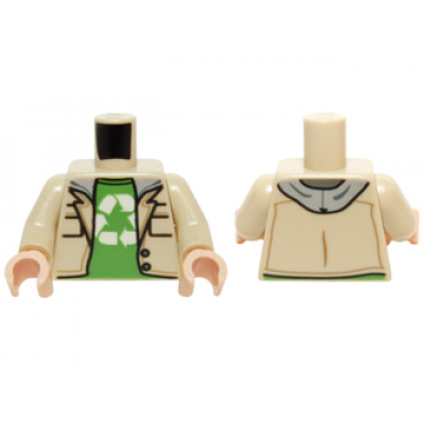 tan torso jacket over sweatshirt with gray hood over bright green shirt recycling arrows pattern leonard tan arms light nougat hands