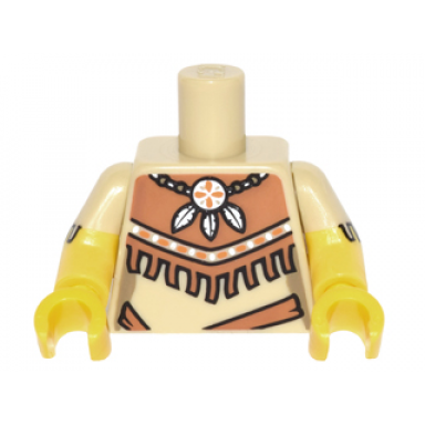 tan torso female outline tribal dress with fringe and necklace with 3 feathers pattern yellow arms with tan short sleeves with fringe pattern yellow hands