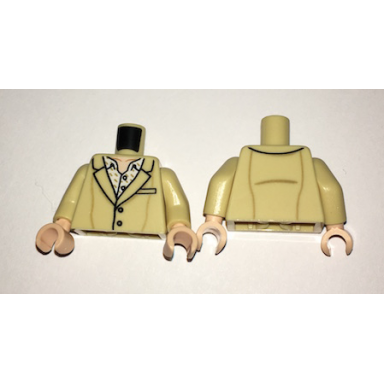 tan torso suit with buttons and white open collar shirt with dark tan marks pattern tan arms light nougat hands