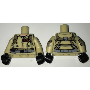 tan torso ghostbusters jumpsuit with r.s id badge and straps on reverse pattern tan arms with ghostbusters pattern black hands