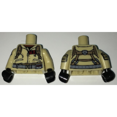 tan torso ghostbusters jumpsuit with w.z id badge and straps on reverse pattern tan arms with ghostbusters pattern black hands