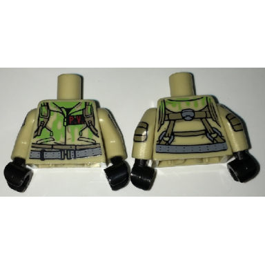 tan torso ghostbusters jumpsuit slimed with p.v id badge and straps on reverse pattern tan arms with ghostbusters pattern black hands