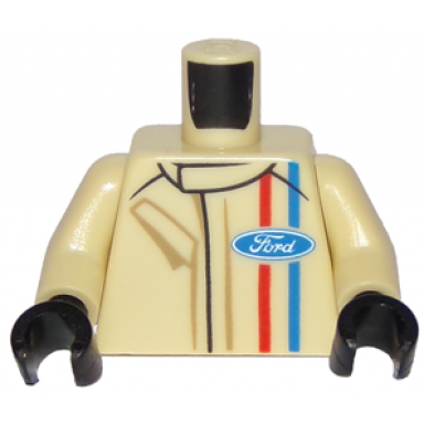 tan torso racing suit with ford logo and red and blue stripes on front and back pattern tan arms black hands