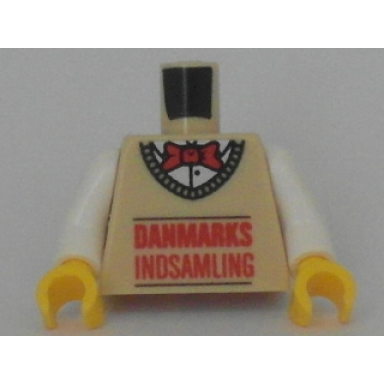 tan torso sweater with danmarks indsamling over white shirt red bow tie lego logo on back pattern white arms yellow hands