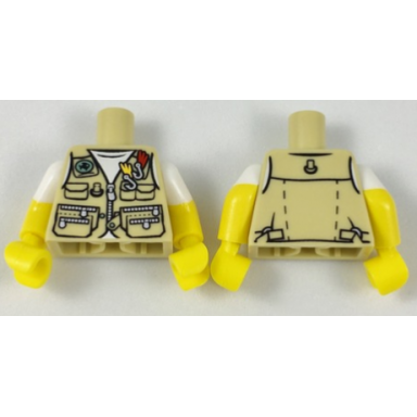 tan torso vest with zipper pockets fish sign and fishing hooks pattern yellow arms with molded white short sleeves pattern yellow hands