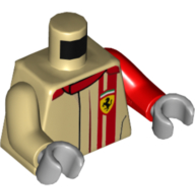 tan torso speed champions with ferrari logo on front and back pattern red arm left tan arm right light bluish gray hands
