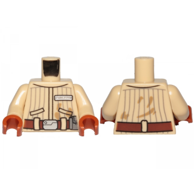 tan torso sw jacket with vertical stripes reddish brown belt badge with alien letters pattern quarrie tan arms dark orange hands