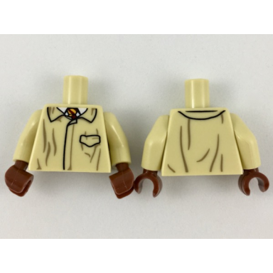 tan torso closed jacket with pocket dark tan wrinkles white shirt dark red and bright light orange tie pattern tan arms reddish brown hands