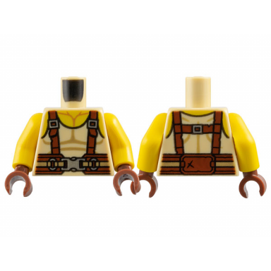 tan torso tank top with yellow neck reddish brown suspenders and belt silver buckles pattern yellow arms reddish brown hands