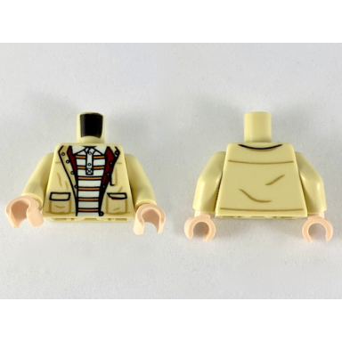 tan torso jacket over white polo shirt with 6 orange stripes pattern tan arms light nougat hands