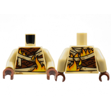 tan torso wrappings over reddish brown body yellow and orange flames pattern tan arms reddish brown hands