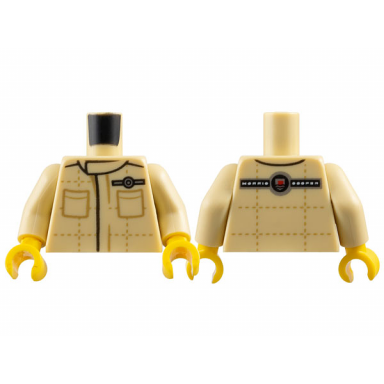 tan torso speed champions jumpsuit with pockets and morris cooper logo pattern tan arms yellow hands