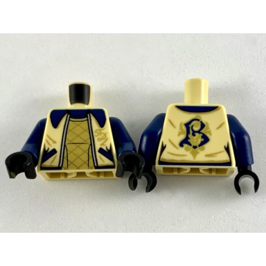 tan torso female jacket with dark blue collar gold fd and shirt diagonal stripes pattern dark blue arms black hands