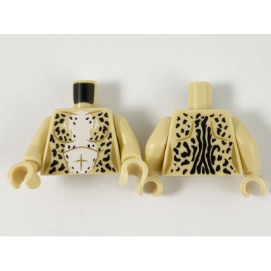 tan torso female animal print black spots and white chest fur pattern tan arms tan hands