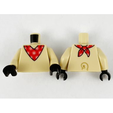 tan torso with red bandana with white circles and tail on back pattern tan arms black hands