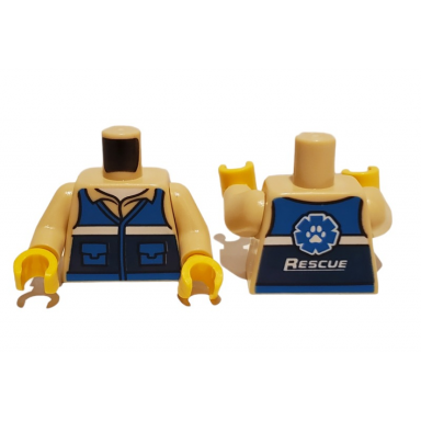 tan torso blue and dark blue vest with pockets and white stripe over shirt with collar undershirt paw print logo and rescue on back pattern tan arms yellow hands