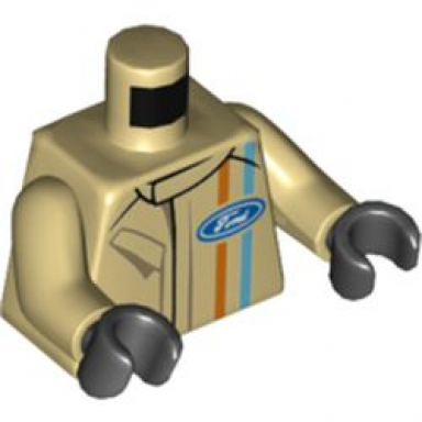 tan torso racing suit with ford logo and medium azure and orange stripes on front and back pattern tan arms black hands