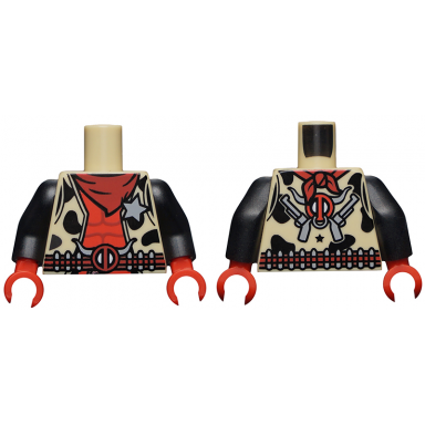 tan torso gilet with black spots steer head gun belt deadpool logo and star badge western style vest pattern black arms red hands