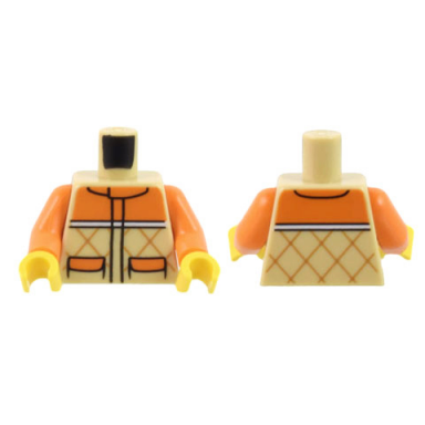 tan torso orange quilted vest with 2 pockets and white stripe pattern orange arms yellow hands
