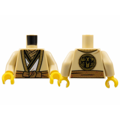 tan torso robe with gold hems white tunic dark tan scarf copper sash ninjago logogram master on back pattern tan arms yellow hands