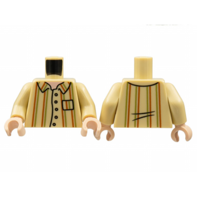 tan torso button up shirt with pocket light nougat neck dark orange and olive green vertical stripes pattern tan arms light nougat hands