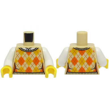 tan torso female knit argyle sweater vest with bright light orange and orange diamonds over white shirt pattern white arms yellow hands