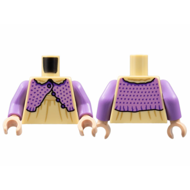 tan torso dress with medium nougat seams medium lavender shrug with dark purple buttons and spots pattern medium lavender arms light nougat hands