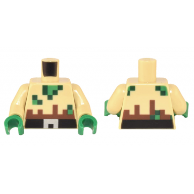 tan torso pixelated ripped shirt with green and dark green holes and black and silver belt pattern tan arms green hands