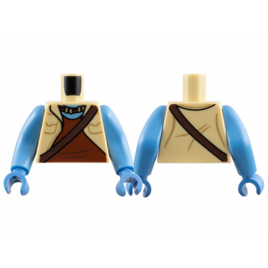tan torso navi vest open with pockets over reddish brown shirt dark brown strap and necklace medium blue neck pattern medium blue arms long medium blue hands