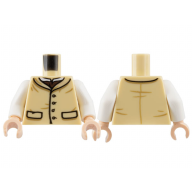 tan torso vest 4 buttons 2 pockets dark brown cravat white collar pattern white arms light nougat hands