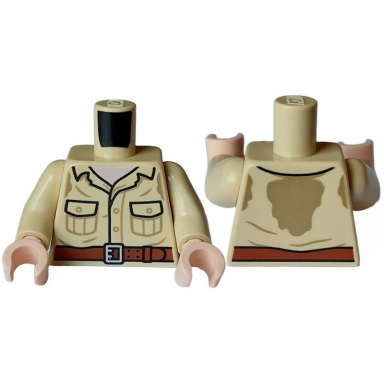 tan torso shirt with dark tan mud stains black outlined pockets and collar reddish brown belt pattern tan arms light nougat hands
