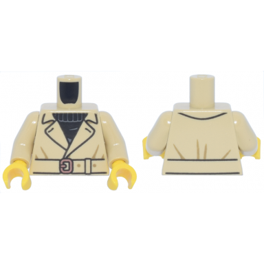 tan torso jacket trench coat over black sweater belt with copper buckle pattern tan arms yellow hands