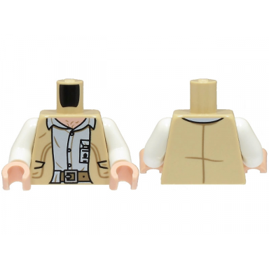 tan torso open vest over white shirt with id badge light nougat neck dark tan belt with silver buckle pattern white arms light nougat hands