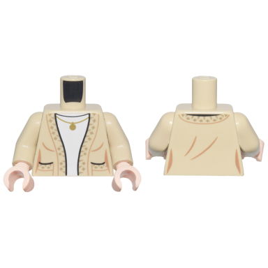 tan torso female cardigan sweater open with pockets and dark tan stars over white shirt gold pendant necklace pattern tan arms light nougat hands