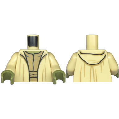 tan torso sw robe open with hood and small creases over dark tan layered shirt olive green neck pattern tan arms olive green hands