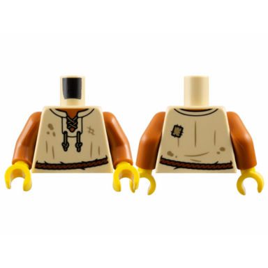 tan torso vest dark orange neck dark tan laces and reddish brown belt pattern dark orange arms yellow hands