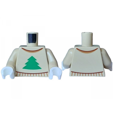tan torso sweater with green pine tree and reddish brown and medium nougat collar pattern tan arms white hands