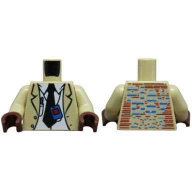 tan torso trench coat over white shirt black tie decoder badge and pen play day 2023 logo and lines on back pattern tan arms reddish brown hands